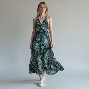 Vtg Boho Dress Midi Floral Halter Summer Cotton Maxi w Crop Top 2 Set size S